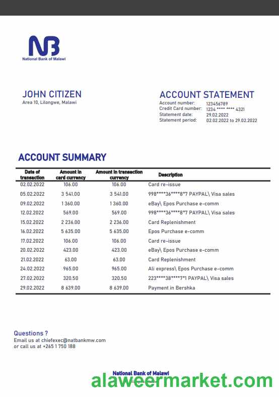 Malawi National Bank of Malawi bank statement template in Word and PDF format
